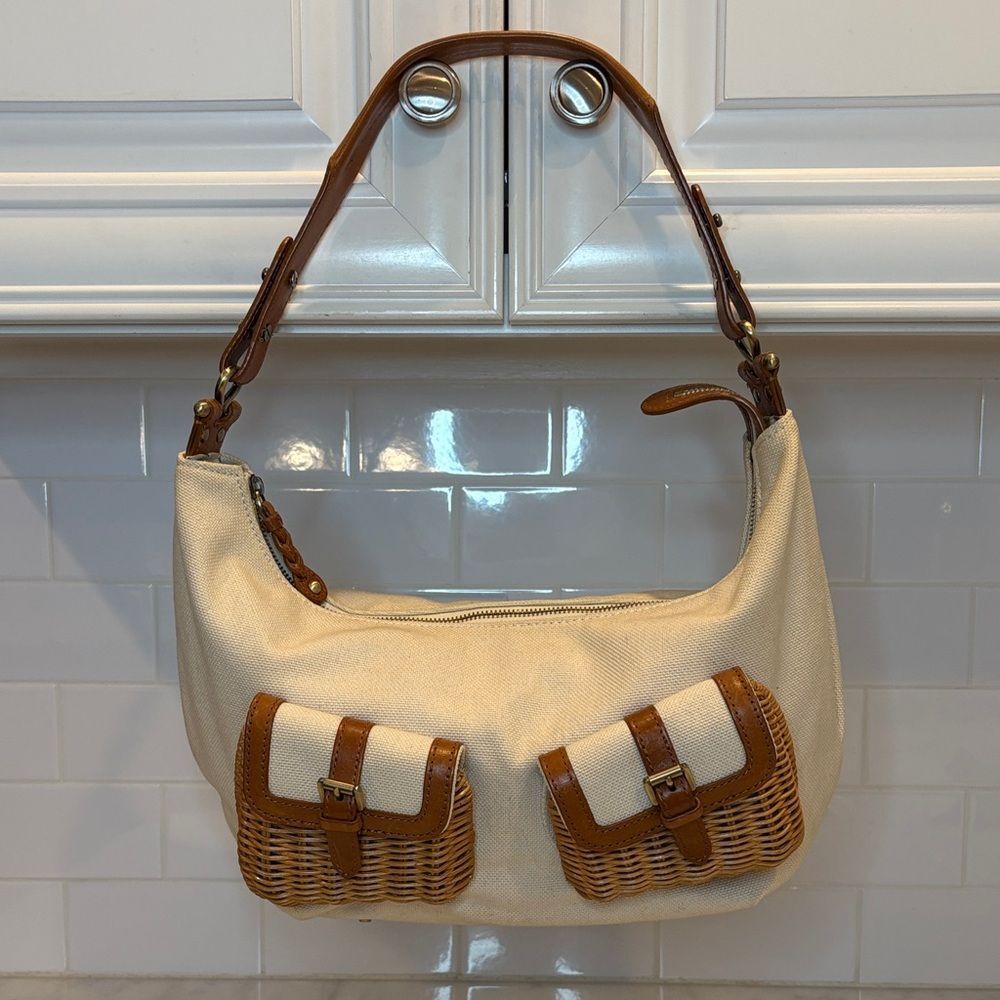 SAVOY Anthropologie Bag Purse Handbag Pocketbook Canvas Wicker Leather Shoulder